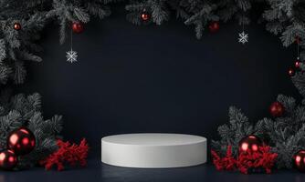 White round podium with red Christmas baubles on dark blue background, spruce branches and glitter around. Festive minimalistic winter background. photo