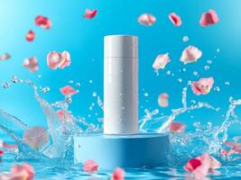 A white skin toner bottle on a bright blue background standing on the podium. Splashes of water and flower petals spreading around. Minimalistic photo style