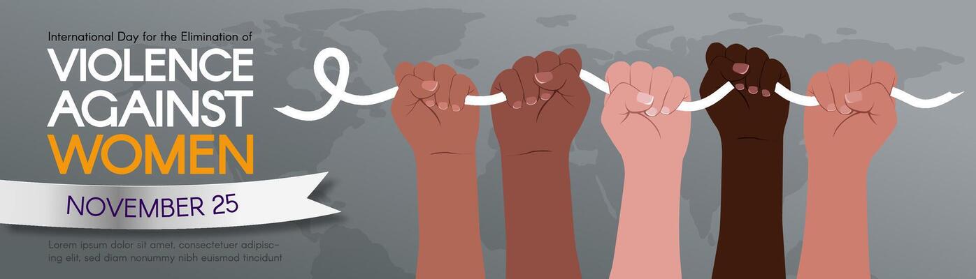 Long horizontal Banner for International Day for the Elimination of Violence Against Women. Diverse hands hold a white ribbon. modern flat illustration