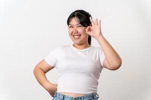 A woman is smiling and giving the OK sign gesture. photo