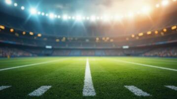 Illuminated football stadium with green grass field and yard lines, ready for a game, under bright stadium lights at dusk photo