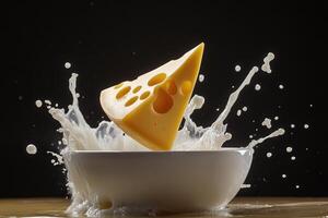 A Wedge of Swiss Cheese Creates a Splash of Milk in a Bowl photo