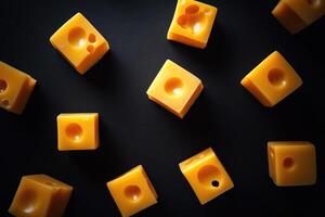 Yellow Swiss Cheese Cubes on a Black Surface photo