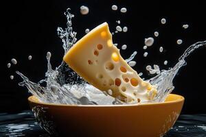 Swiss Cheese Splashing into Yellow Bowl photo