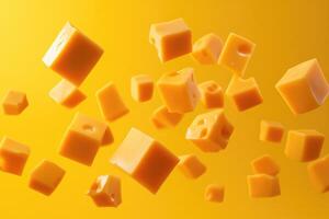 Floating Cubes of Swiss Cheese Against a Yellow Background photo