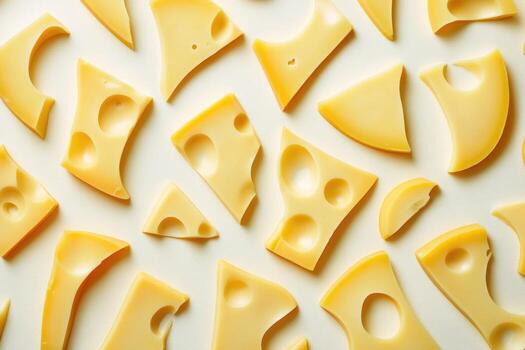 A Scattered Arrangement of Sliced Swiss Cheese on a White Surface photo