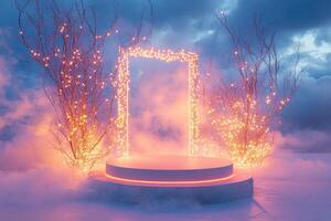 Wintery Scene with Illuminated Branches and a Circular Platform photo