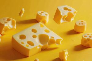 Swiss Cheese Pieces on a Yellow Background photo