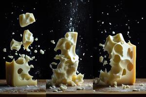 A Close-Up of Swiss Cheese Breaking Apart and Scattering on a Wooden Surface photo