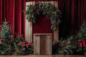 Wooden Display Shelf with Christmas Greenery and Red Velvet Background photo