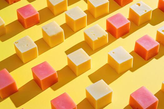 Colorful Cubic Objects Arranged in a Pattern on a Yellow Background photo