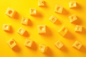Yellow Cheese Cubes Scattered on Yellow Background photo