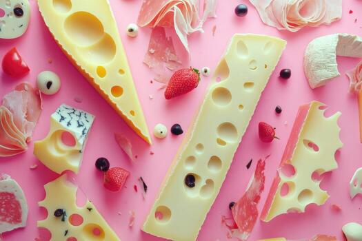 Cheese and Prosciutto on Pink Background photo