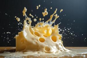 A block of Swiss cheese falling into a pool of melted cheese, creating a splash of liquid cheese. photo