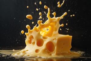 A Block of Swiss Cheese Splattered and Spilled on a Black Surface photo