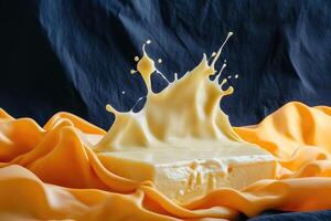 A Splash of Cream on a Block of Butter with Draped Fabric photo