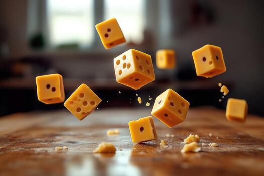 A Close-Up of Dice Made of Yellow Cheese Falling onto a Wooden Surface photo