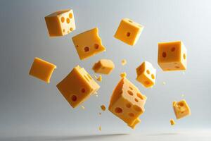 Swiss Cheese Cubes Falling Through the Air photo