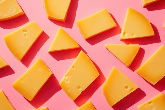 Assorted Pieces of Yellow Cheese on Pink Background photo