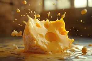 A Piece of Swiss Cheese Splashing into a Pool of Melted Cheese photo