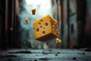 A block of Swiss cheese falling in an abandoned urban setting photo