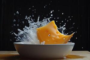 Cheese Wedge Splashing into White Bowl with Water photo