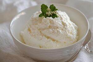 White Creamy Dessert with Green Leaves in a White Bowl photo