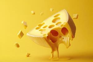 A wedge of Swiss cheese with holes and melting cheese dripping onto a yellow background. photo