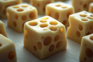 Close-up of a Single Cube of Swiss Cheese with Multiple Holes photo