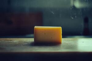 A Close-Up of a Block of Swiss Cheese on a Cutting Board photo
