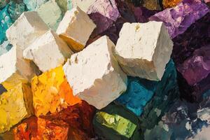 Abstract Oil Painting with White Cubes and Vibrant Colors photo