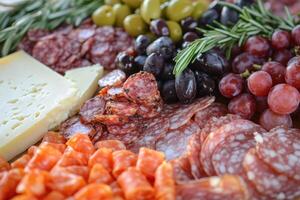 Close-up of a Charcuterie Board with Various Meats, Cheese, Olives, Grapes, and Rosemary photo
