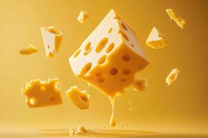 Swiss cheese falling into a pool of melted cheese on a yellow background. photo