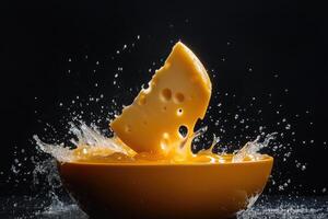 A Piece of Swiss Cheese Landing in a Yellow Bowl with a Splash of Liquid photo