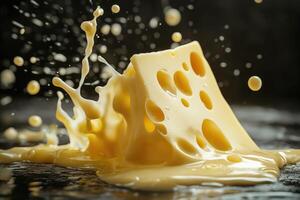 A Piece of Swiss Cheese Splashing into a Pool of Melted Cheese photo