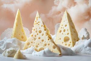 Three Triangular Swiss Cheese Slices Arranged on White Fabric with Holes photo