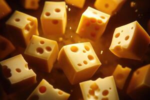 Close-up of Swiss cheese cubes with holes, illuminated by warm light photo