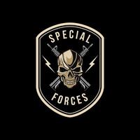 Skull with Crossed assault rifles Badge. Design element for logo, label, sign, emblem. illustration vector