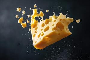 A Piece of Swiss Cheese Falling and Breaking Apart photo