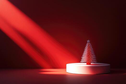 A Single Christmas Tree on a Red Background with a White Podium photo