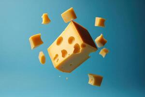 A Large Block of Swiss Cheese With Smaller Pieces Floating Around It Against a Blue Background photo