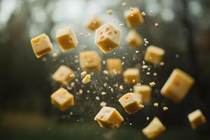 Cubes of Swiss Cheese Falling Through the Air photo