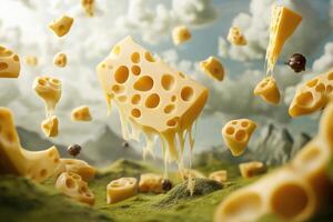 Melted Swiss Cheese Falling Onto Green Moss photo