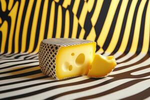 A Piece of Swiss Cheese with a Striped Pattern on a Black and White Striped Background photo