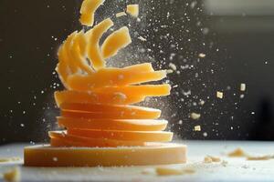 Stacked Slices of Yellow Cheese with Falling Pieces photo