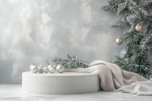 Winter-Themed Display with White Podium, Pine Branches, and Ornaments photo