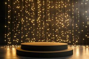 Black Platform with String Lights for Product Display photo