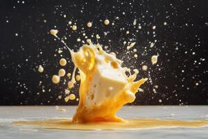 A Block of Cheese Impacts a Surface, Creating a Spatter of Cheese and a Yellow Pool photo