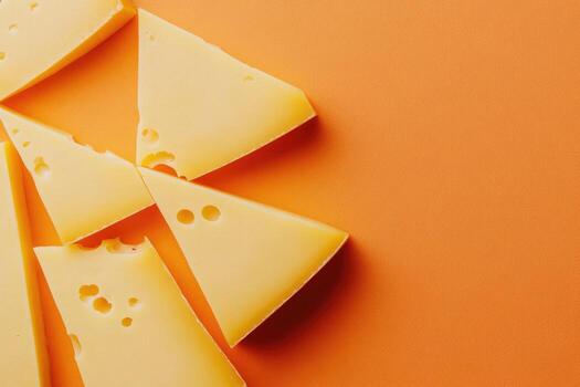 Slices of Swiss cheese on an orange background photo