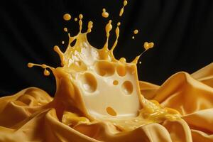 A Block of Swiss Cheese with Splashes of Melted Cheese on a Golden Fabric photo